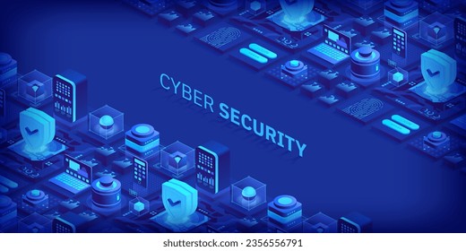 Cyber security concept. Antivirus, encryption, cloud data protection. Software development. Safety internet. Online information protect. Digital technology isometric vector background.