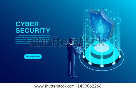 Cyber security concept banner with businessman protect data and confidentiality and data privacy protection concept with icon of a shield and lock. flat isometric vector illustration