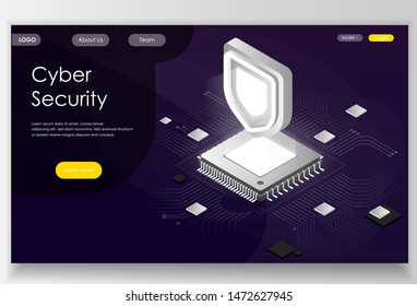 Cyber security concept. Big CPU with a shield on violet background with a textplace. Can use for landing page, banners, websites etc.