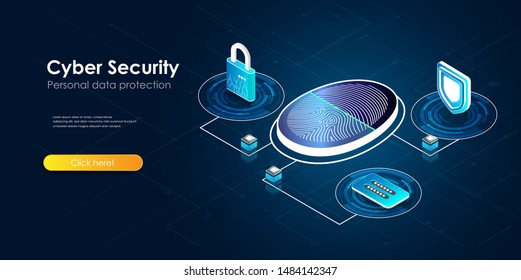 Cyber security concept with big finger print, lock, shield and password form. Can use for web banner, infographics, presentation, landing pages etc.  Isometric vector illustration.