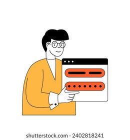 Cyber security concept with cartoon people in flat design for web. Man using protective password for access and saving private data. Vector illustration for social media banner, marketing material.