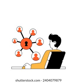 Cyber-Sicherheitskonzept mit Cartoon-Leuten im flachen Design für Web. Mann, der einen digitalen Schutzschlüssel für den Zugang in der Internetgemeinschaft verwendet. Vektorgrafik für Social-Media-Banner, Marketingmaterial.