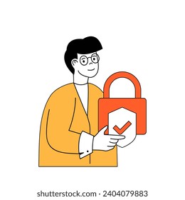 Cyber security concept with cartoon people in flat design for web. Man uses shield security system with padlock password access. Vector illustration for social media banner, marketing material.
