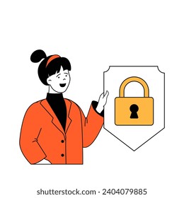 Cyber security concept with cartoon people in flat design for web. Woman uses security system with padlock access and safety key. Vector illustration for social media banner, marketing material.