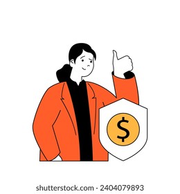 Concepto de ciberseguridad con caricaturas en diseño plano para la web. Mujer que utiliza un sistema de protección de escudos para la banca financiera de seguridad. Ilustración vectorial para banner de medios sociales, material de marketing.