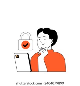 Cyber security concept with cartoon people in flat design for web. Man uses security system with padlock password access at mobile app. Vector illustration for social media banner, marketing material.