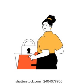 Cyber security concept with cartoon people in flat design for web. Woman using protective digital padlock for saving data folder. Vector illustration for social media banner, marketing material.