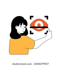 Cyber-Sicherheitskonzept mit Cartoon-Leuten im flachen Design für Web. Frauen, die biometrische Schutzsysteme und die Erkennung von Augen verwenden. Vektorgrafik für Social-Media-Banner, Marketingmaterial.