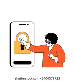 Cyber security concept with cartoon people in flat design for web. Woman using protective padlock password for unlocking mobile phone. Vector illustration for social media banner, marketing material.