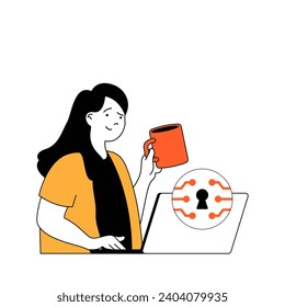 Cyber security concept with cartoon people in flat design for web. Woman using safety online connect and shielding laptop with key. Vector illustration for social media banner, marketing material.