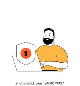 Cyber security concept with cartoon people in flat design for web. Man using protection system for saving his digital data at laptop. Vector illustration for social media banner, marketing material.