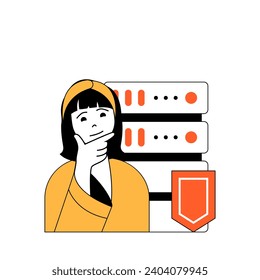 Concepto de ciberseguridad con caricaturas en diseño plano para la web. Mujer que utiliza un sistema de protección de escudos para la seguridad de bases de datos de servidores. Ilustración vectorial para banner de medios sociales, material de marketing.