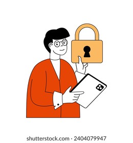 Cyber security concept with cartoon people in flat design for web. Man using protection system with safety passwords for all devices. Vector illustration for social media banner, marketing material.