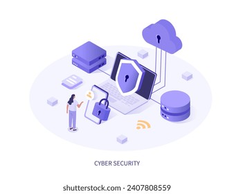 Cyber security concept. Character protect data with zero trust technology. User granting access with identity verification, mutual authentication and device validation. Isometric vector illustration 