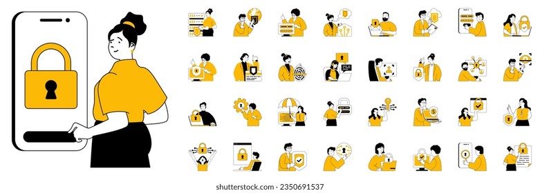 Cyber security concept with character situations mega set. Bundle of scenes people protect personal data, password access, financial account secure and other. Vector illustrations in flat web design