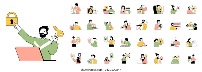 Cyber security concept with character situations mega set in flat web design. Bundle of scenes people saving internet privacy, using password access and fingerprint identity. Vector illustrations.