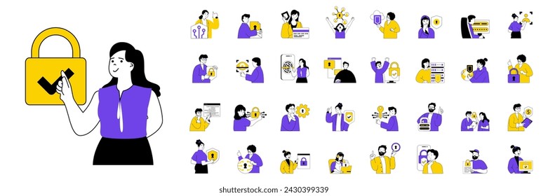 Cyber security concept with character situations mega set in flat web design. Bundle of scenes people protecting data, using firewall shield, fingerprint identity, secure access. Vector illustrations.