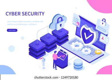 Cyber security concept with characters. Can use for web banner, infographics, hero images. Flat isometric vector illustration isolated on white background.