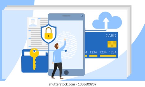 Cyber security concept with characters. Can use for web banner, infographics, hero images. Data protection concept. Credit card check and software access data as confidential.