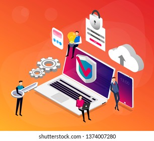 	
Cyber security concept with characters. Can use for web banner, infographics, hero images. Flat isometric vector illustration isolated on gradient background.