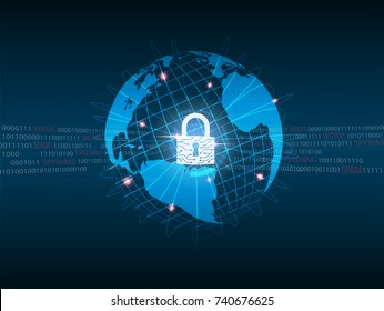 Cyber Security Concept : Closed padlock protect world global network on binary code background.