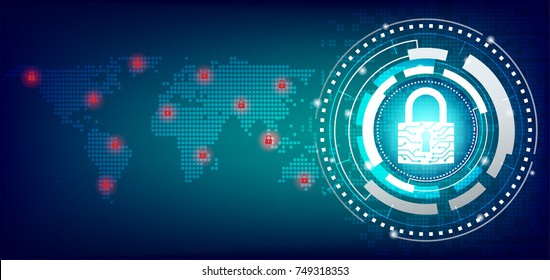 Cyber Security Concept : Closed padlock protect world global network on future technology background.


