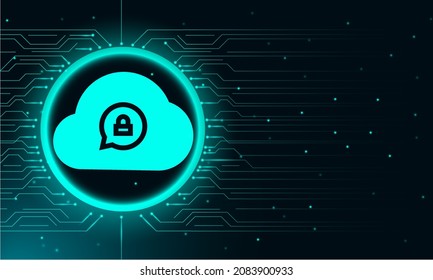 Cyber security concept. Cloud technology on digital circuit board vector illustration. Wireframe landscape background. Blue abstract hi speed internet technology.