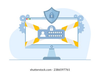 Concepto de ciberseguridad, conjunto de metáforas de protección de datos. Base de datos, ciberseguridad, control, protección de servicios informáticos. Pantalla de ordenador con interfaz de candado que muestra la protección de datos del usuario.