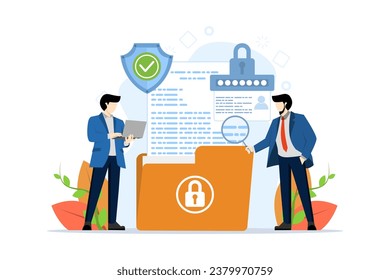 Concepto de ciberseguridad. Seguridad de la base de datos y datos personales, seguridad de los datos cibernéticos, privacidad. las personas protegen la información personal con software. plantilla de ilustración de concepto de diseño plano en segundo plano.