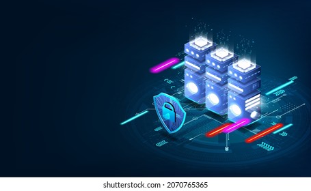 Cyber security concept, databases, big data, internet server, cloud storage and virtual networks. Isometric server room under the protection. The server room is protected by an antivirus cheat. Vector