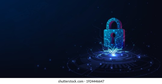 Cyber security concept design. padlock lock on digital screen, 3d render padlock protection digital network internet link on hi tech blue future background.