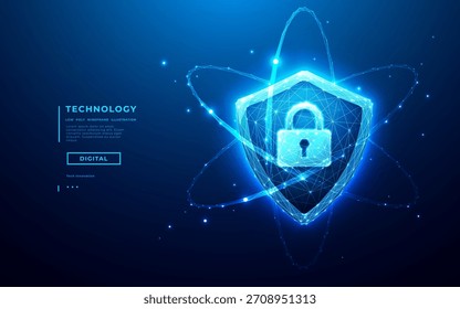 Concepto de seguridad cibernética. Icono de escudo digital con símbolo de bloqueo que brilla en luz azul. Concepto moderno de protección cibernética para la seguridad de la red, la seguridad de los datos y los sistemas de defensa de la privacidad.