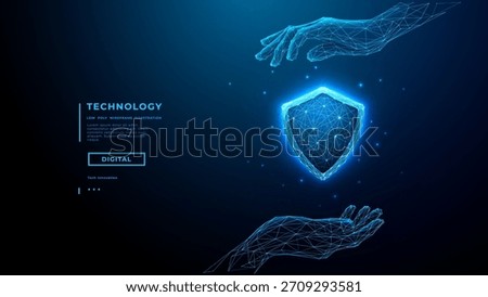 Cyber security concept. Digital shield protected by hands in cyber space. Modern 3D security icon with blue light effects for data safety and network protection technology concept.