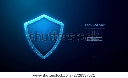 Cyber security concept. Digital shield icon with cyber protection elements. 3D polygonal design for data safety, network security, and privacy technology concepts on blue abstract background. 
