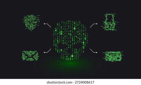 Cyber security concept with digital skull and network icons made of glowing green binary code. Professional background for malware threats, data encryption, and futuristic hacking protection. Digital hacking alert