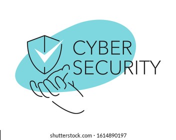 Cyber Security concept  - drawn hand holding shield and place for text message - internet website protection technology - isolated illustration
