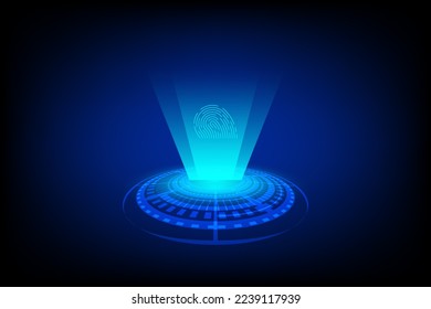 Cyber security concept. Electronic fingerprint float on light ray with futuristic technology abstract background. Digital protection.  