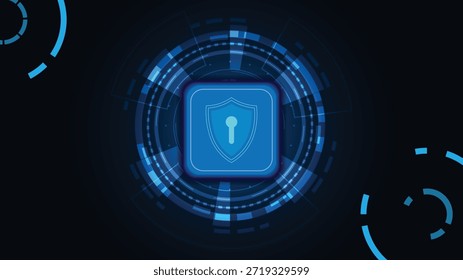 Concepto de seguridad cibernética con un Botón de escudo de bloqueo digital en un fondo de interfaz HUD futurista azul.