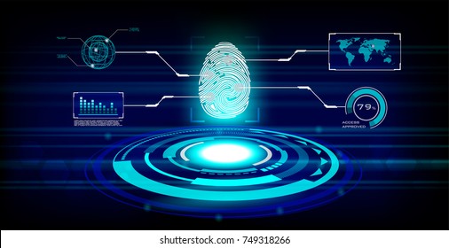 Cyber Security Concept : Fingerprint on HUD UI interface future technology background