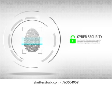 Cyber Security Concept : fingerprint scanning on digital white background.