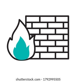concepto de ciberseguridad, símbolo de cortafuegos, llama de fuego y pared sobre fondo blanco, estilo de medio color de media línea, ilustración vectorial