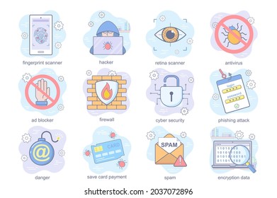 Cyber security concept flat icons set. Bundle of fingerprint or retina scanner, hacker, antivirus, blocker, firewall, encryption data and other. Vector conceptual pack color symbols for mobile app
