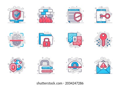 Cyber security concept flat line icons set. Data protection on Internet. Bundle of shield, access, key, fingerprint, privacy, password, other. Vector conceptual pack outline symbols for mobile app