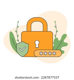 Cyber security concept. Flat padlock with password and shield. The concept of personal data protection. Vector illustration