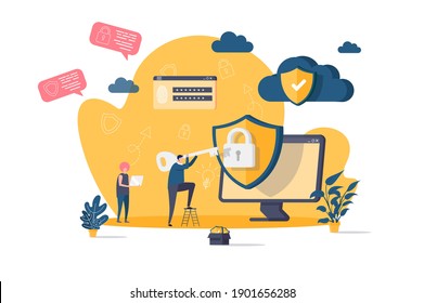 Cyber security concept in flat style. Man with key getting access to information scene. Data protection, password identification banner. Vector illustration with people characters in work situation.