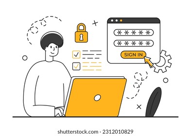 Cyber security concept in flat style. Man with log in window. Vector illustration