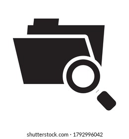 concepto de ciberseguridad, carpeta con icono de lupa sobre fondo blanco, estilo de silueta, ilustración vectorial