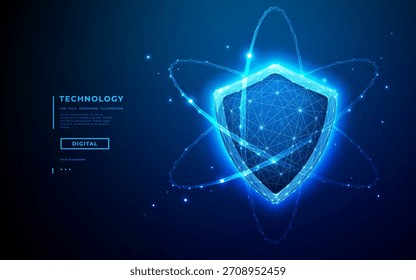 Cyber security concept. Futuristic cyber shield design with blue wireframe polygons. Advanced digital protection technology for safeguarding network data and privacy in abstract space.