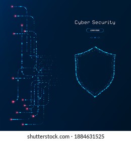 Cyber security concept. Futuristic web banner. Glowing neon shield
