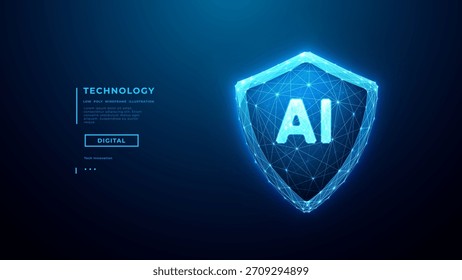 Concepto de seguridad cibernética. Icono brillante de la IA en el escudo digital con los Elementos de la protección cibernética. Concepto de seguridad 3D futurista con efectos de luz azul y fondo de red de tecnología abstracta.